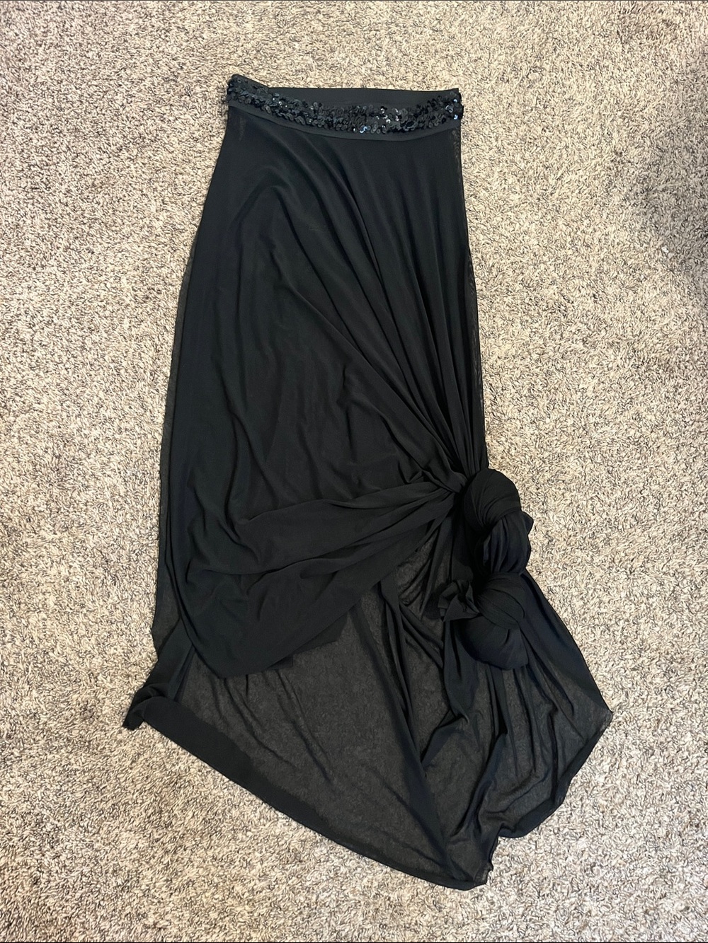 Adore Black, Sheer High-Low Maxi Skirt with Sequin Waistband